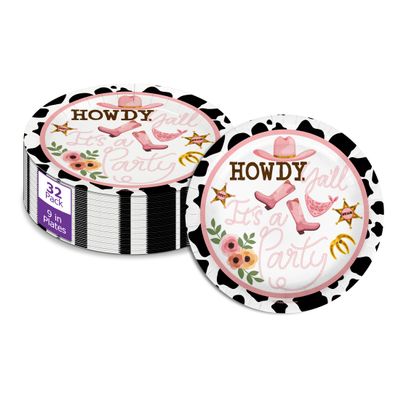 Birthday Galore Howdy Yall Cowgirl Plates 32 Pieces, 9" Round Disposable Tableware with Western Design Theme Fun and Bright Colorful Tableware for Kids & Adults Parties Gatherings and Occasions.