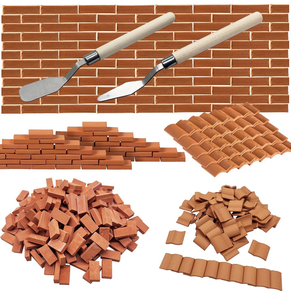 Woohome 422 PCS Mini Red Roof Tiles Mini Red Wall Bricks Set, DIY Materials Miniature Brick Scale Model Bricks and Roof Tile Dollhouse Fake Tiles for Miniature House Buding