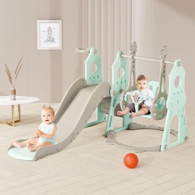 4-in-1 Toddler Slide and Swing Set with Extra Large Playground, Basketball Hoop & Climber, Indoor/Outdoor Playset, Castle Collection  Mint Green