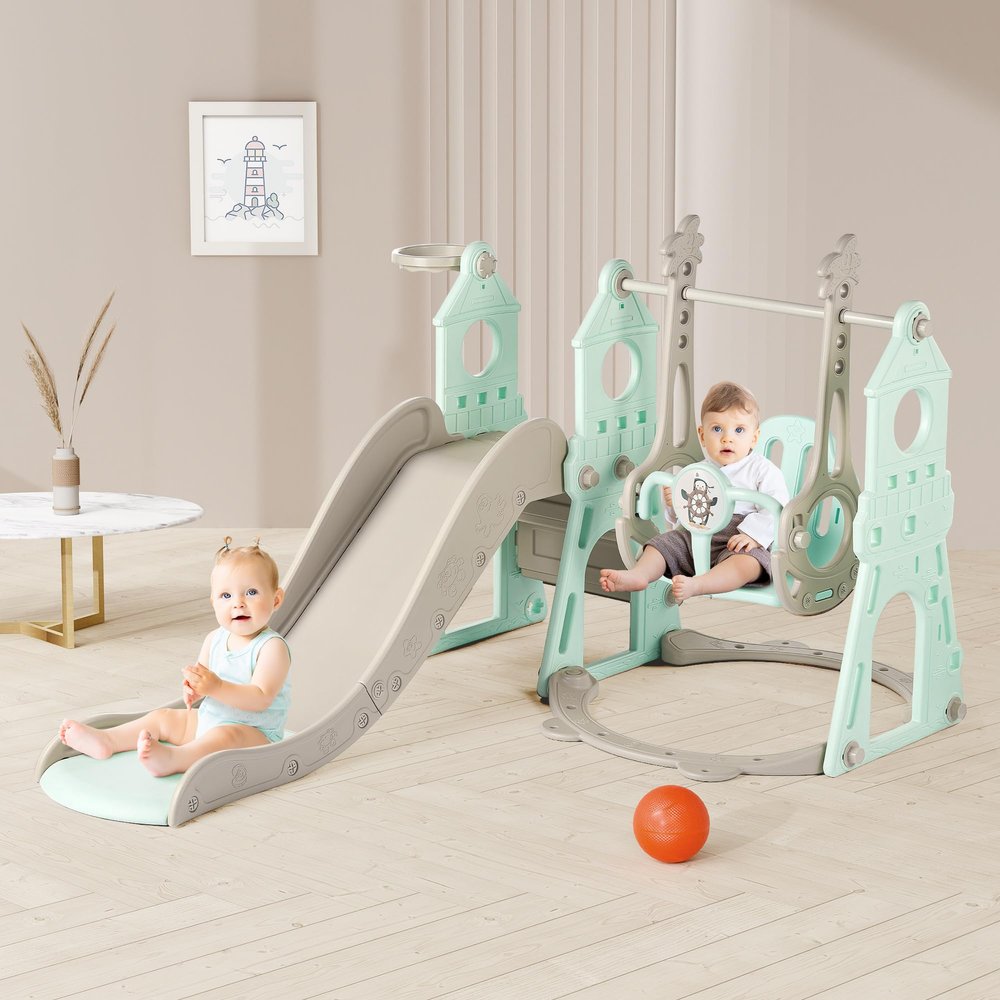4-in-1 Toddler Slide and Swing Set with Extra Large Playground, Basketball Hoop & Climber, Indoor/Outdoor Playset, Castle Collection  Mint Green