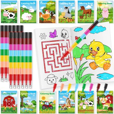 BenLouis 24 Farm Animals Mini Coloring Books Kids with 24 Stacking Crayons Barn Party Favors Activity Books Bulk for Kids Farm Cow Horse Birthday Goodie Bag Gift Stuffer Classroom Reward