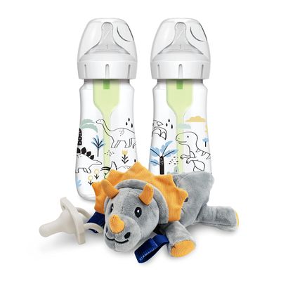 Dr. Brown's Natural Flow Anti-Colic Options+ Wide-Neck Baby Bottle, Dino Design, 9oz/270mL, Level 1 Nipple, 2-Pack, 0m+ with Lovey Pacifier Holder with Silicone HappyPaci, Triceratops, 0-12m