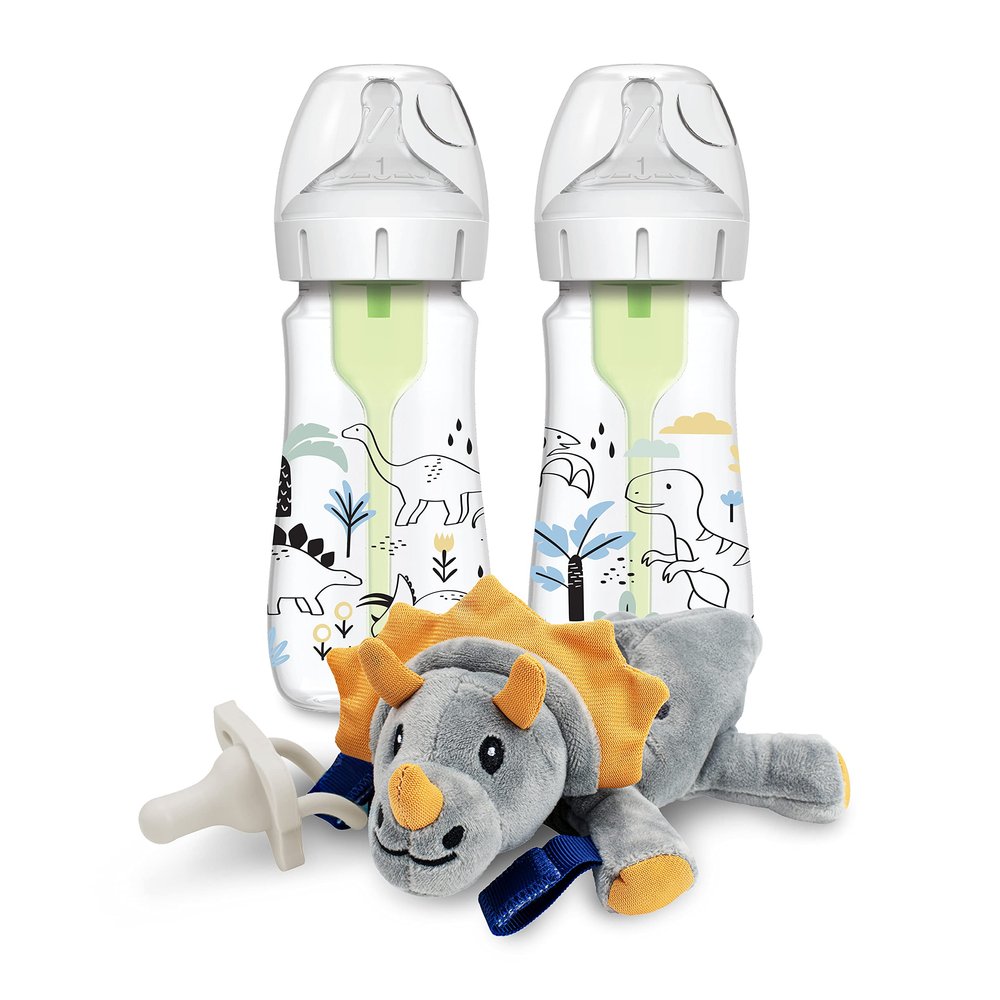 Dr. Brown's Natural Flow Anti-Colic Options+ Wide-Neck Baby Bottle, Dino Design, 9oz/270mL, Level 1 Nipple, 2-Pack, 0m+ with Lovey Pacifier Holder with Silicone HappyPaci, Triceratops, 0-12m