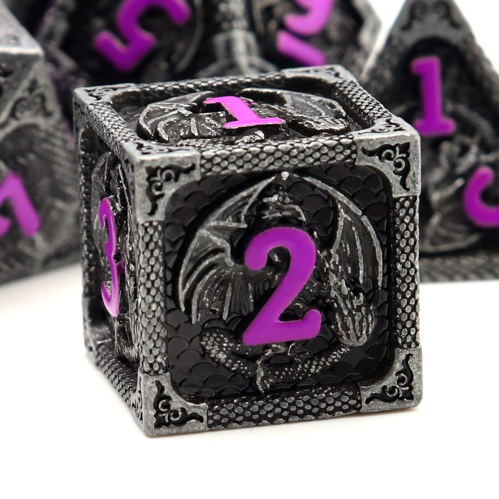 Haxtec Metal DND Dice Set Black Purple Dragon Pattern D&D Dice Set with Leather Dice Bag Metal Polyhedral Dice Compatible with Dungeons and Dragons TTRPG Gifts