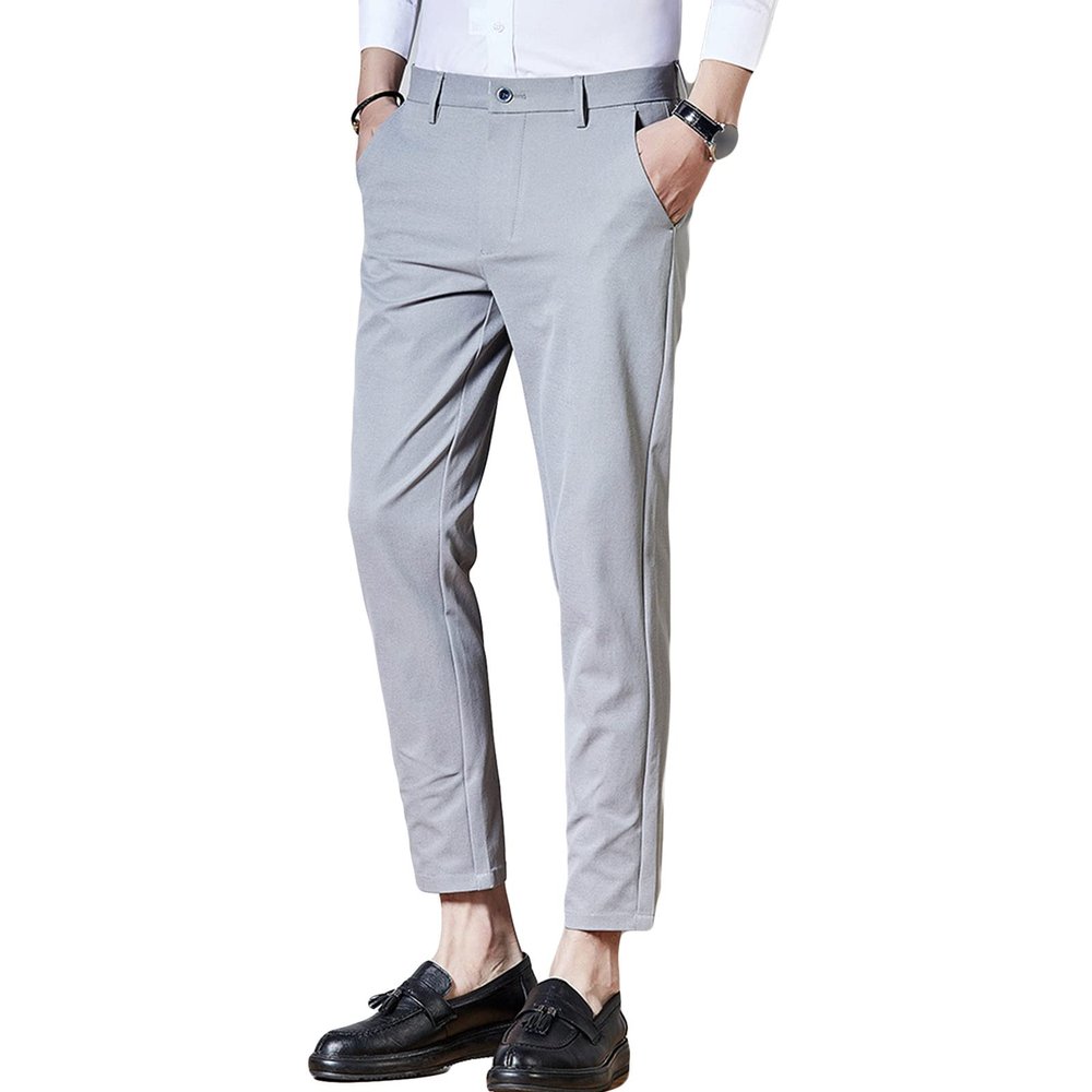Maiyifu-GJ Men's Slim Fit Stretch Pant Solid Color Skinny Tapered Suit Pant Lightweight Wrinkle Resistant Business Trousers (Light Grey,38)