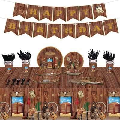 172 Pcs Western Party Supplies Serves 24, Include Cowboy Tablecloth Happy Birthday Banner, Plates and Napkins Tableware Set for Western Cowboy Theme Wild West Decorations