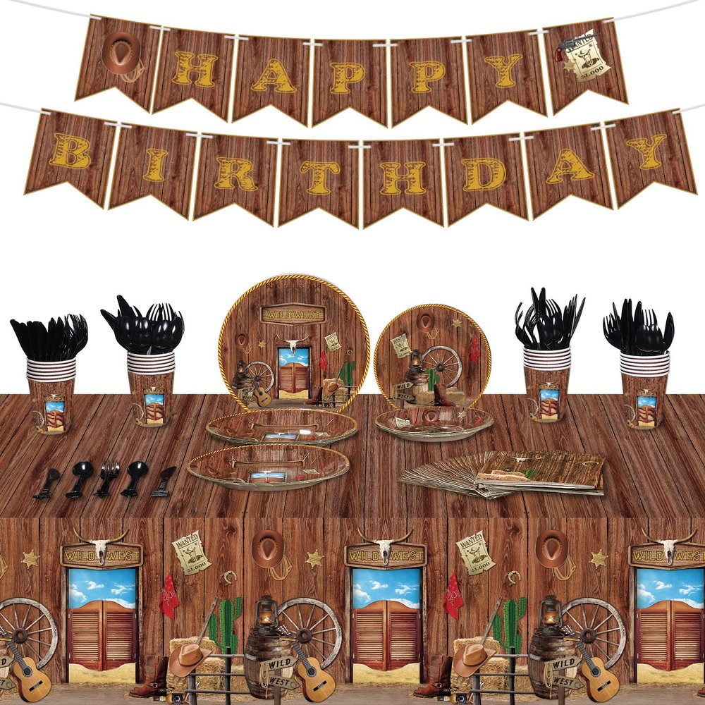 172 Pcs Western Party Supplies Serves 24, Include Cowboy Tablecloth Happy Birthday Banner, Plates and Napkins Tableware Set for Western Cowboy Theme Wild West Decorations