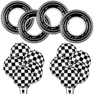 14 Pcs Car Decorations Racing Cars Birthday Party Supplies 4 Tire Tube Swim Ring Inflatable Tire Floats for Pool with 10 Balloons 18 Inch Race Balloons for Birthday Party(Plaid Style)