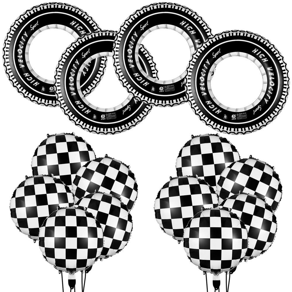 14 Pcs Car Decorations Racing Cars Birthday Party Supplies 4 Tire Tube Swim Ring Inflatable Tire Floats for Pool with 10 Balloons 18 Inch Race Balloons for Birthday Party(Plaid Style)