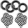 14 Pcs Car Decorations Racing Cars Birthday Party Supplies 4 Tire Tube Swim Ring Inflatable Tire Floats for Pool with 10 Balloons 18 Inch Race Balloons for Birthday Party(Plaid Style) view 1