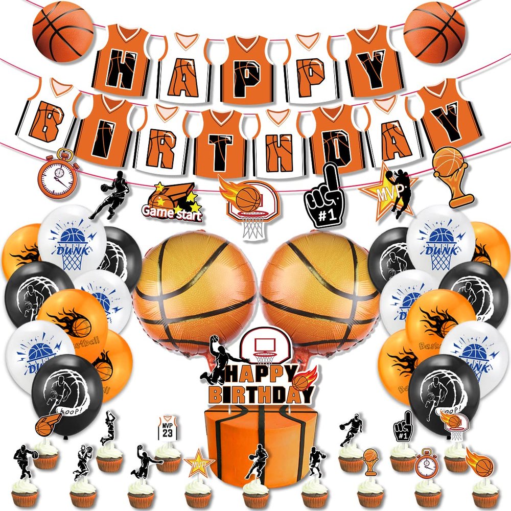 40 Pcs Basketball Party Decorations - Happy Birthday Banner, Balloons, Cake Toppers for Boys & Girls