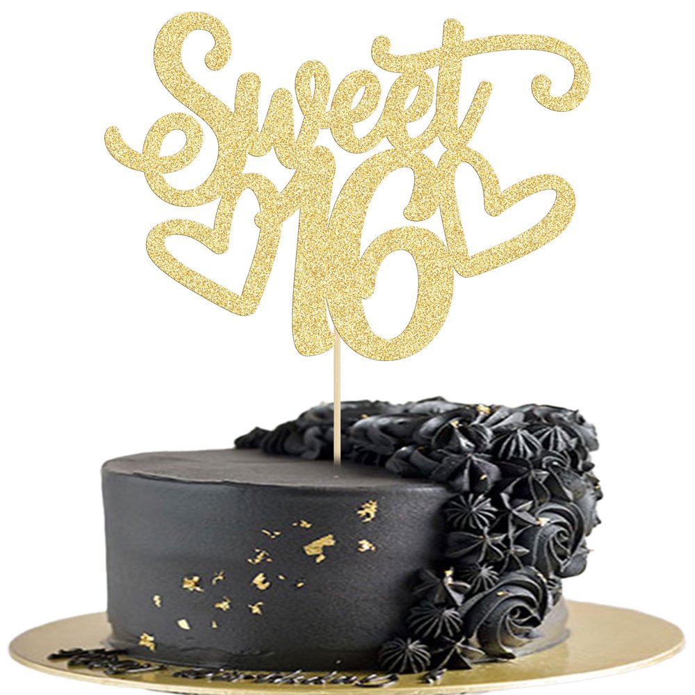 Gyufise 1Pc Sweet Teenager 16 Cake Topper Glitter 16th Birthday Cake Pick for Cheers to 16 Years Old 16th Birthday Party Cake Decorations Supplies Gold