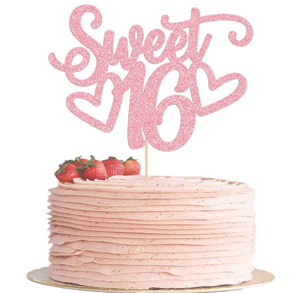 Gyufise 1Pc Sweet Teenager 16 Cake Topper Glitter 16th Birthday Cake Pick for Cheers to 16 Years Old 16th Birthday Party Cake Decorations Supplies Pink