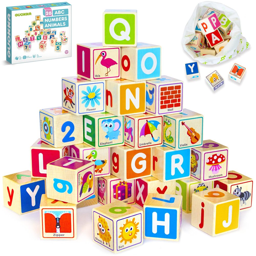 QUOKKA Wooden Blocks for Toddlers 1-3 - 26 ABC Learning Baby Blocks for Kids 3-5 Year Olds Stacking Alphabet Wood Toys for 2-4 yo - Educational with Letters Numbers - Updated Edition