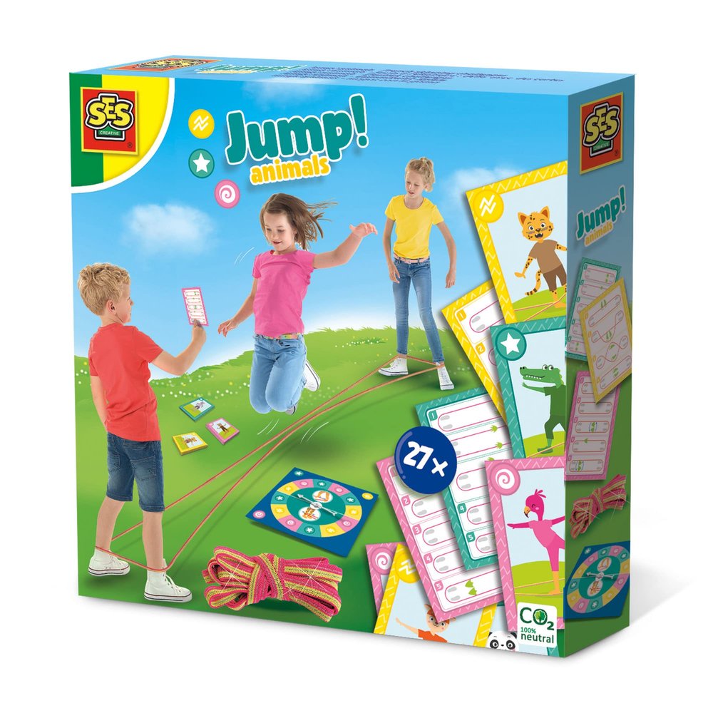 SES Creative 02248 Jump! Animals - French Skipping Challenges - Cards with Cool Tricks, Pictures with Animals, Age 3+
