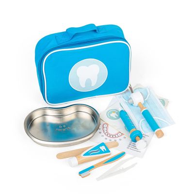 Bigjigs Toys Dentist Set - 12pc Wooden Dentist Kit for Kids with Carry Bag, Toothbrush, Toothpaste, Syringe, Otoscope & More, Pretend Play Gift & Dentist Toys, Quality Doctors Kit