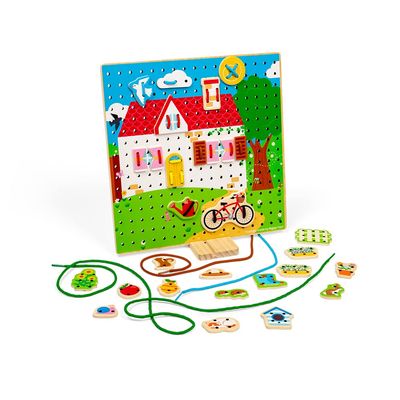 Bigjigs Toys House Lace-a-Shape Game - 30 Geometric Shape Lacing Cards & 6 Laces, Fine Motor Skills Toys, Threading Toys for 2+ Year Olds, Ideal Early Learning & Threading Toddler Toy