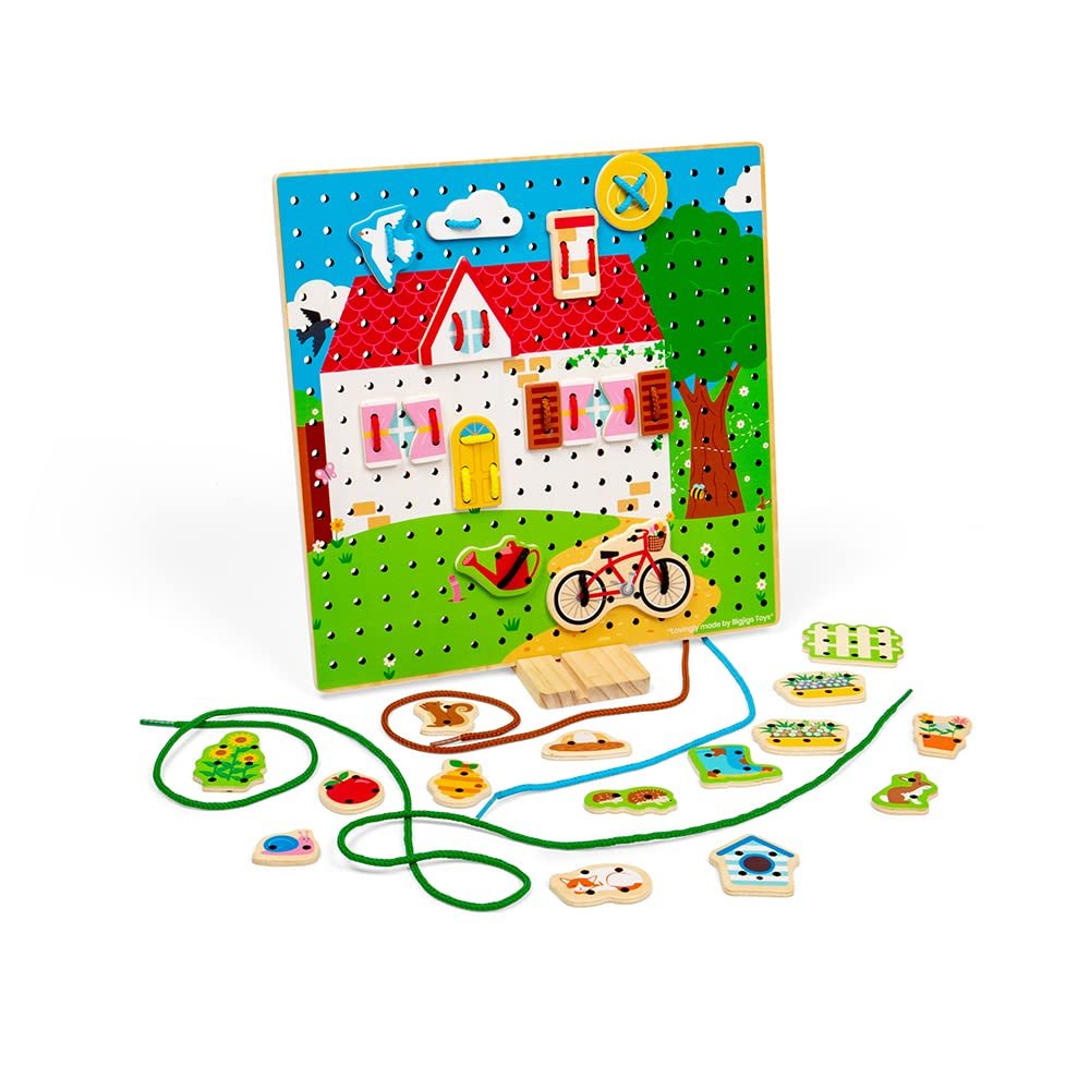 Bigjigs Toys House Lace-a-Shape Game - 30 Geometric Shape Lacing Cards & 6 Laces, Fine Motor Skills Toys, Threading Toys for 2+ Year Olds, Ideal Early Learning & Threading Toddler Toy