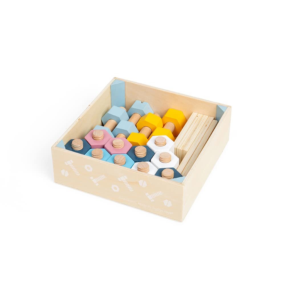 Bigjigs Toys FSC Certified Crate of Nuts and Bolts (20pc) - Eco-Friendly Nuts and Bolts Set for 3 Year Olds, Sustainable Construction Toys & Wooden Toy Tools