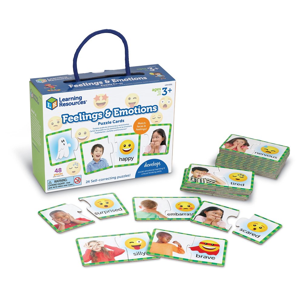 Learning Resources Feelings & Emotions Puzzle Cards, 48 Pieces, Ages 3+, Social Skills, speech therapy materials, Social Emotional Learning Toys and Games for Kids