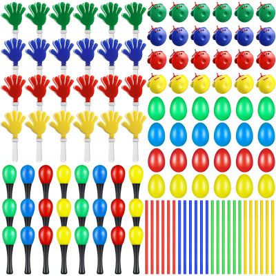 120 Pcs Musical Instruments Learning Percussion Toy Include 24 Plastic Egg Shakers 24 Hand Held Sand Hammers Maracas Rattle 24 Hand Clappers 24 Rhythm Sticks Wood Lummi Sticks 24 Finger Castanets
