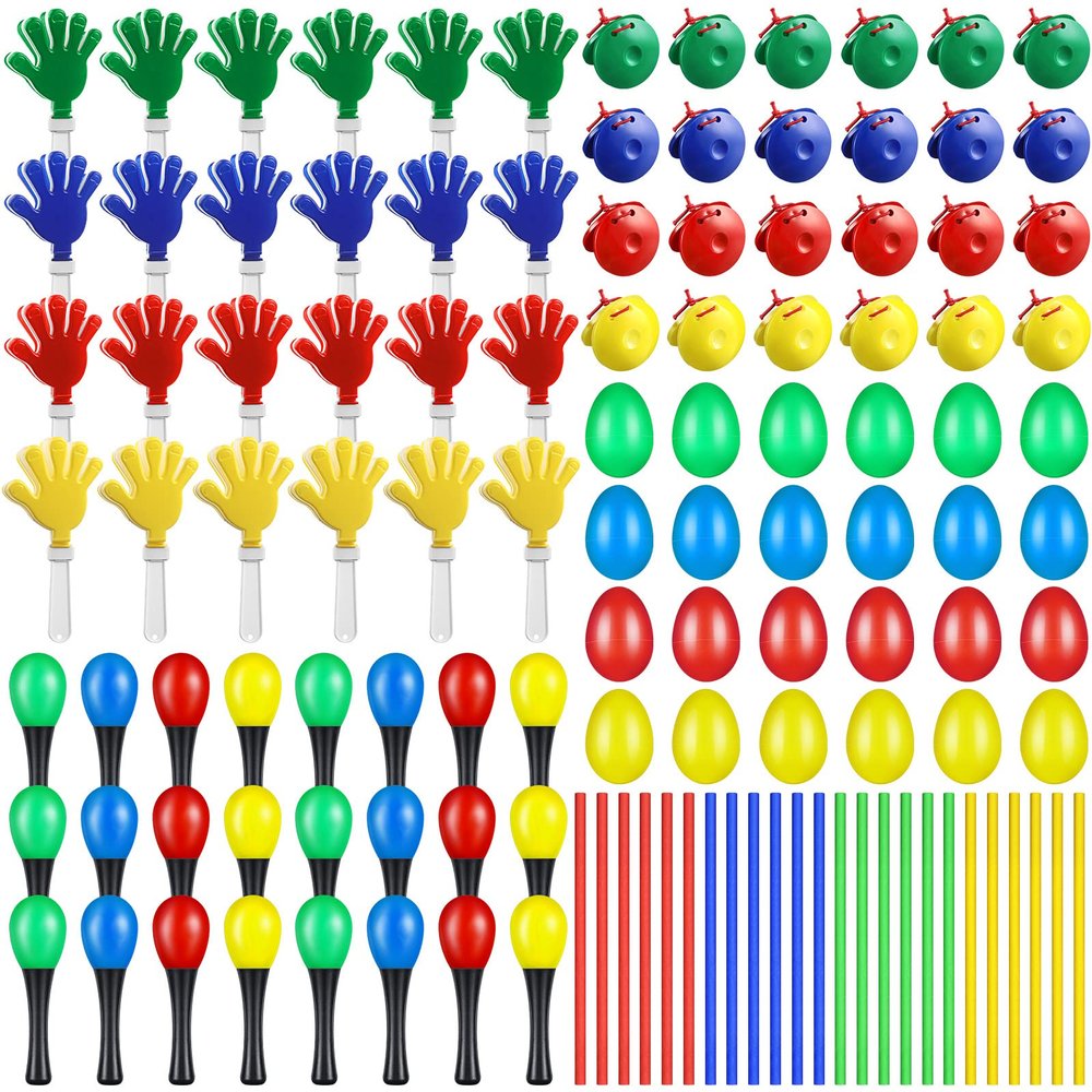 120 Pcs Musical Instruments Learning Percussion Toy Include 24 Plastic Egg Shakers 24 Hand Held Sand Hammers Maracas Rattle 24 Hand Clappers 24 Rhythm Sticks Wood Lummi Sticks 24 Finger Castanets
