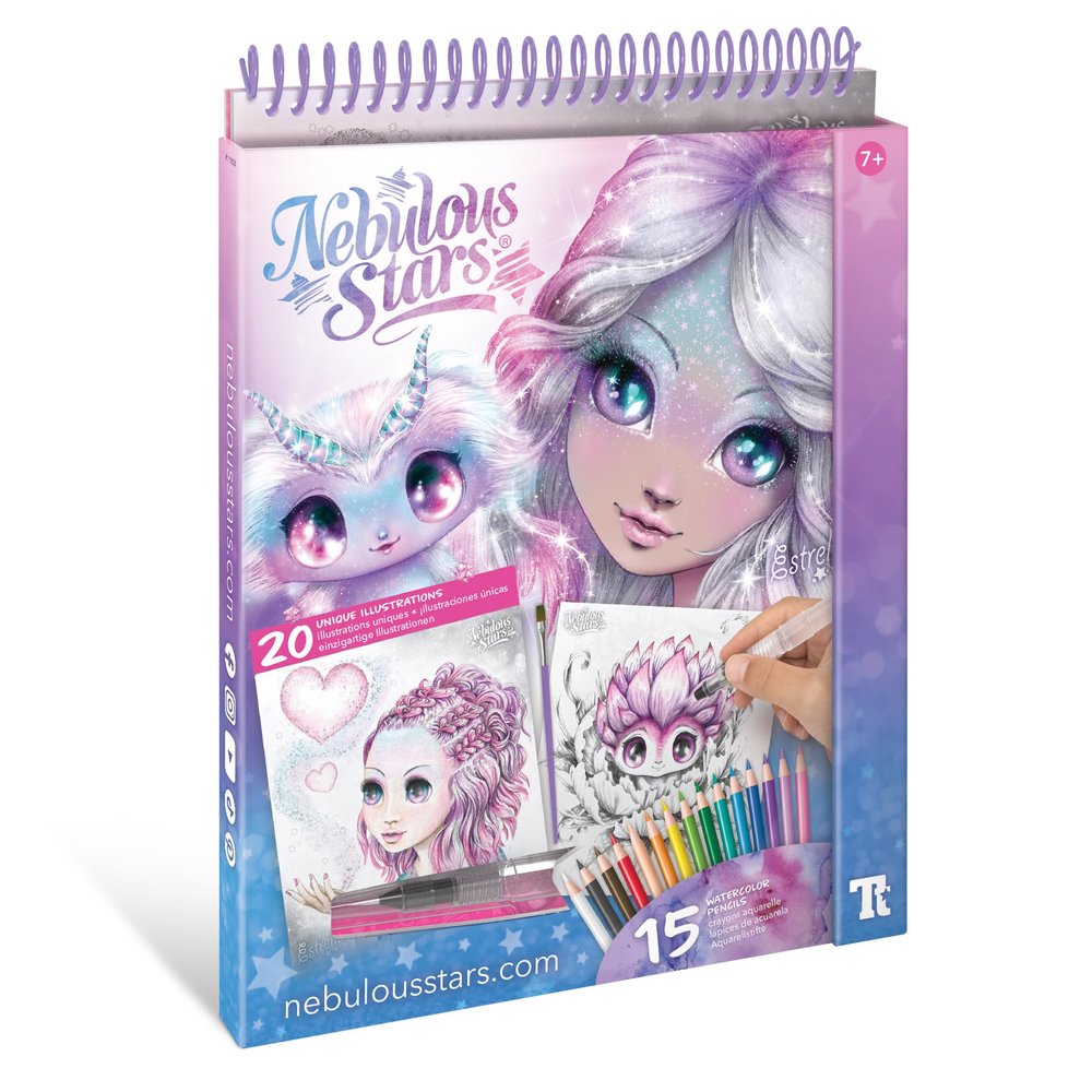 Nebulous Stars Watercoloring Book Set Featuring Estrelia 20 Unique Illustrations, 15 Watercolor Pencils, Refillable Brush, and Artistic Tools for Kids Ages 7+