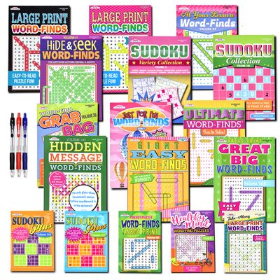 17-Pack 1400+ Sudoku Puzzles for Adults, Large WordSearch Puzzle for Adults, Aging Seniors Brain Stimulation Activity Books (Variety Pack Bulk) - Large 8x10 & Digest 5x8 Combo
