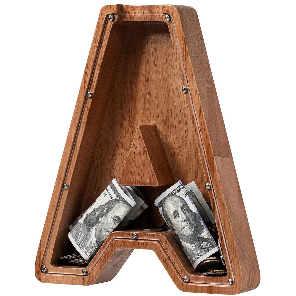 Piggy Bank for Kids Boys Girls, Wooden Large Letter Piggy Bank Alphabet Money Bank with Initial A, Coin Bank Fun Gifts for Birthday, Christmas, Festival, Baby Shower
