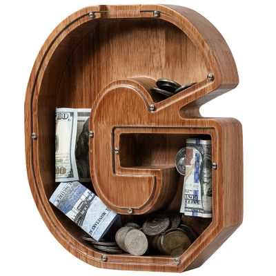 Piggy Bank for Kids Boys Girls, Wooden Large Letter Piggy Bank Alphabet Money Bank with Initial G, Coin Bank Fun Gifts for Birthday, Christmas, Festival, Baby Shower
