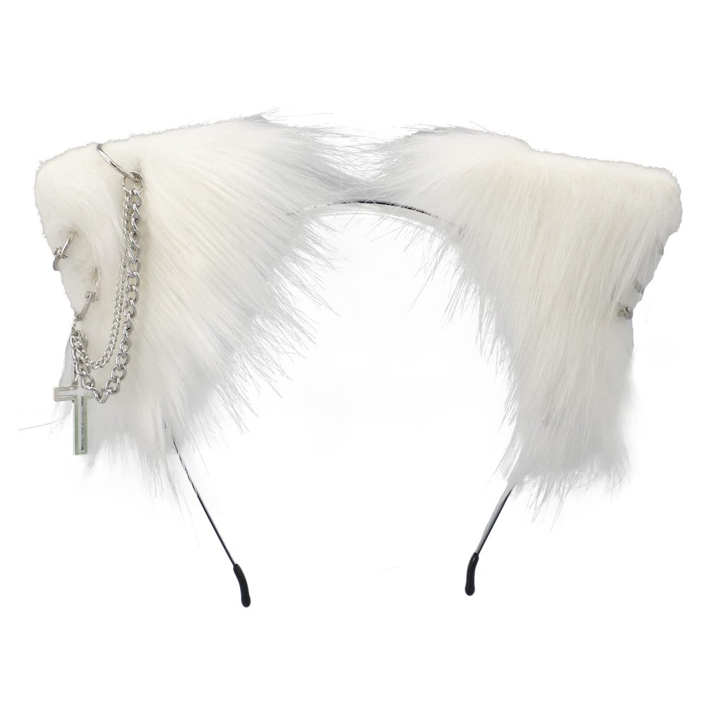 VIGVAN Cat Cosplay Ears Accessories Punk Gothic Cross Cat Ears Headbands Clips (White)