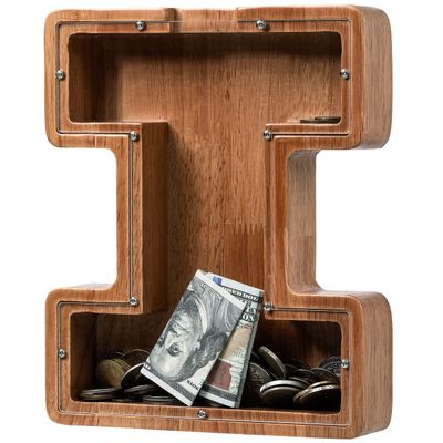 Piggy Bank for Kids Boys Girls, Wooden Large Letter Piggy Bank Alphabet Money Bank with Initial I, Coin Bank Fun Gifts for Birthday, Christmas, Festival, Baby Shower