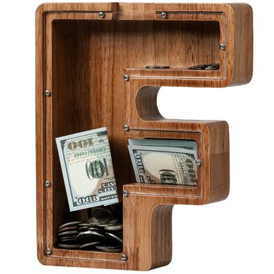 Piggy Bank for Kids Boys Girls, Wooden Large Letter Piggy Bank Alphabet Money Bank with Initial F, Coin Bank Fun Gifts for Birthday, Christmas, Festival, Baby Shower