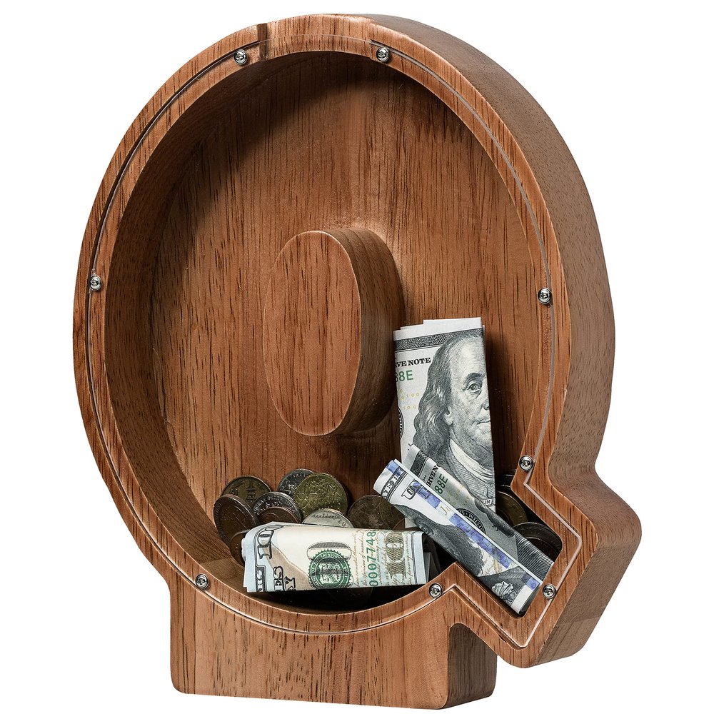 Piggy Bank for Kids Boys Girls, Wooden Large Letter Piggy Bank Alphabet Money Bank with Initial Q, Coin Bank Fun Gifts for Birthday, Christmas, Festival, Baby Shower