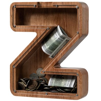 Piggy Bank for Kids Boys Girls, Wooden Large Letter Piggy Bank Alphabet Money Bank with Initial Z, Coin Bank Fun Gifts for Birthday, Christmas, Festival, Baby Shower