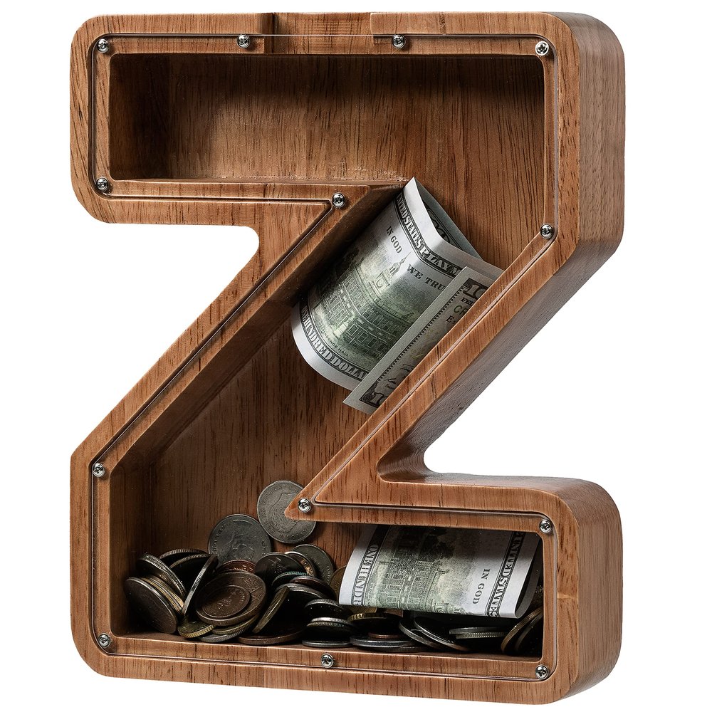 Piggy Bank for Kids Boys Girls, Wooden Large Letter Piggy Bank Alphabet Money Bank with Initial Z, Coin Bank Fun Gifts for Birthday, Christmas, Festival, Baby Shower
