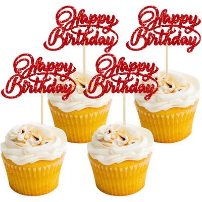 24Pcs Happy Birthday Cupcake Toppers Red Glitter Birthday Cupcake Food Picks for Celebrating Happy Birthday Party Cake Decorations Supplies