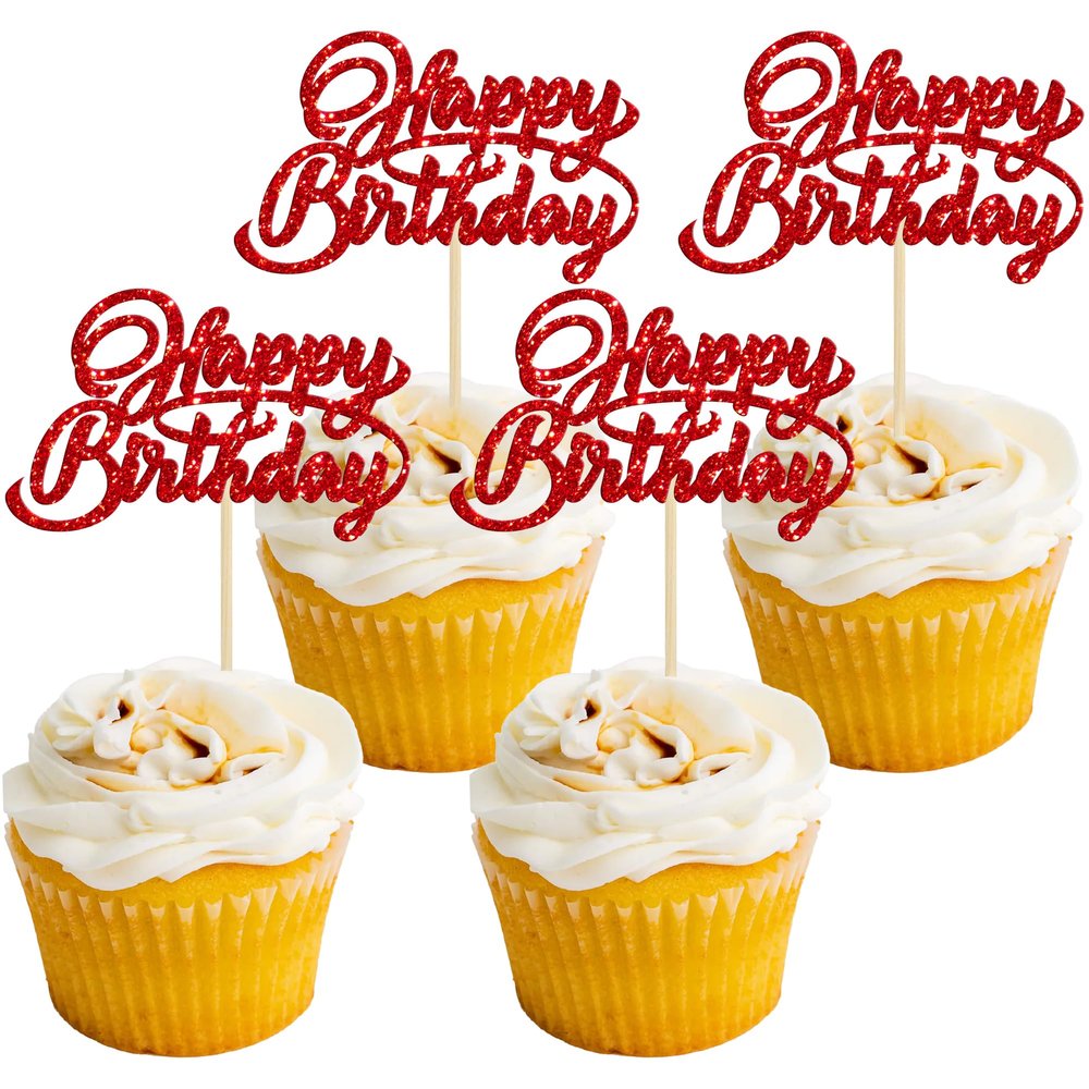 24Pcs Happy Birthday Cupcake Toppers Red Glitter Birthday Cupcake Food Picks for Celebrating Happy Birthday Party Cake Decorations Supplies