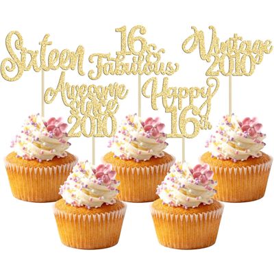 30Pcs Vintage 2010 Cupcake Toppers Glitter Sixteen Happy 16th Birthday 16 Fabulous Cupcake Picks Cheers to 16 Years for 16th Birthday Wedding Anniversary Party Cake Decorations Supplies Gold
