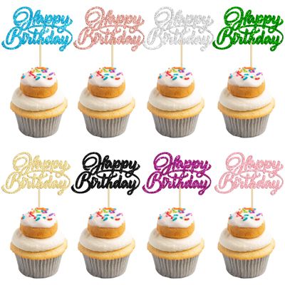 24Pcs Happy Birthday Cupcake Toppers 8 Colors Glitter Birthday Cupcake Picks for Celebrating Baby Shower Kids Birthday Anniversary Party Cake Decorations Supplies