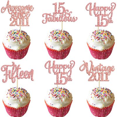 30Pcs Vintage 2011 Cupcake Toppers Glitter Fifteen 15 Fabulous Happy 15th Birthday Cupcake Picks Cheers to 15 Years for 15th Birthday Anniversary Party Cake Decorations Supplies Rose Gold