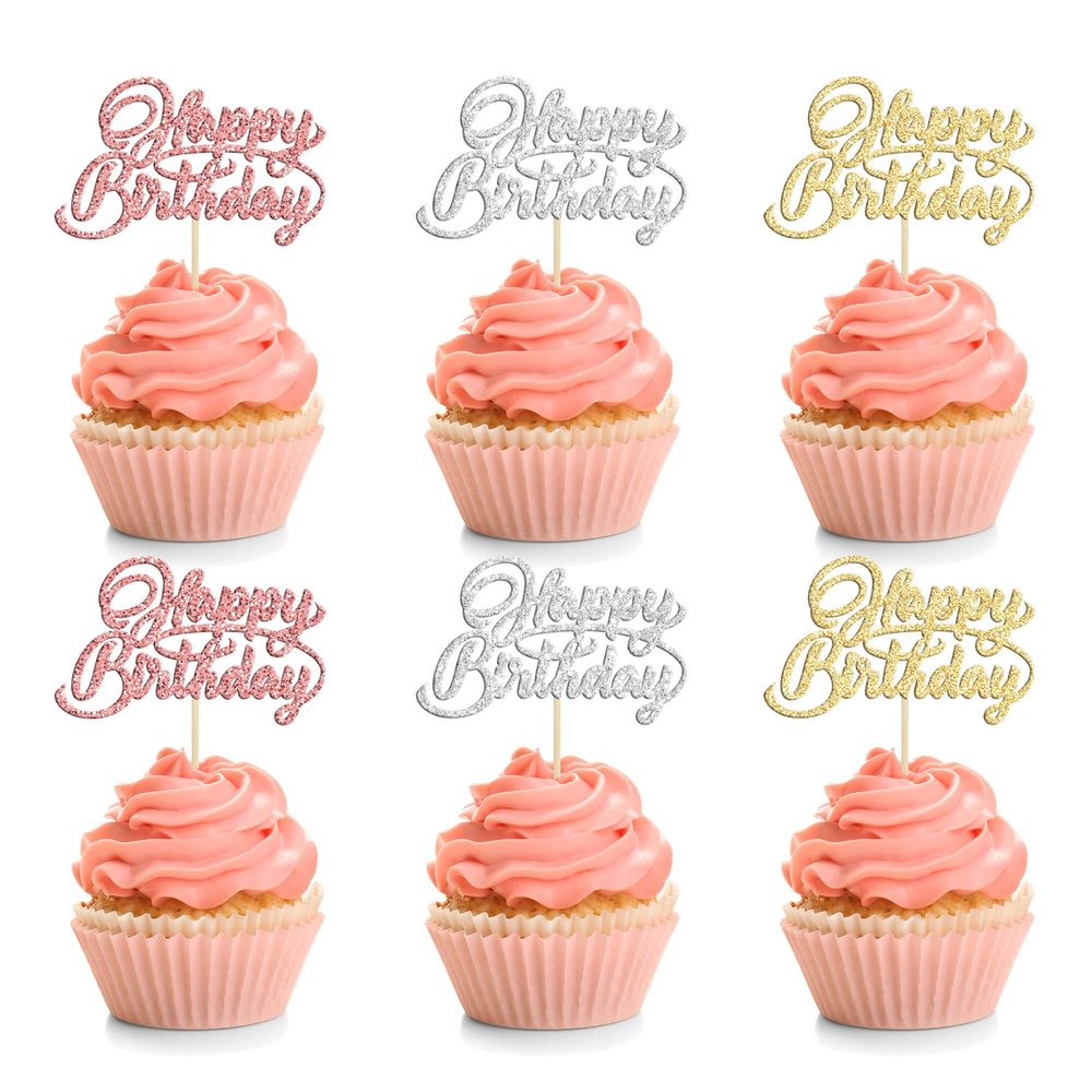 24Pcs Happy Birthday Cupcake Toppers Glitter Birthday Cupcake Food Picks for Celebrating Happy Birthday Party Cake Decorations Supplies Gold Rose Gold Silver