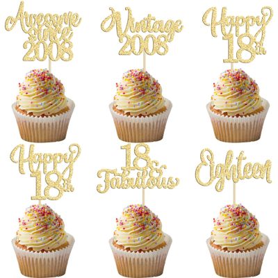 30Pcs Vintage 2007 Cupcake Toppers Glitter Eighteen Happy 18th Birthday 18 Fabulous Cupcake Picks Cheers to 18 Years for 18th Birthday Wedding Anniversary Party Cake Decorations Supplies Gold