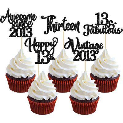 30Pcs Happy 13th Birthday Cupcake Toppers Glitter Thirteen Vintage 2013 Cupcake Picks Cheers to 13 Fabulous Cake Decorations for 13th Birthday Wedding Anniversary Party Supplies Black