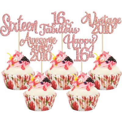 30Pcs Vintage 2010 Cupcake Toppers Glitter Sixteen 16 Fabulous Happy 16th Birthday Cupcake Picks Cheers to 16 Years for 16th Birthday Anniversary Party Cake Decorations Supplies Rose Gold