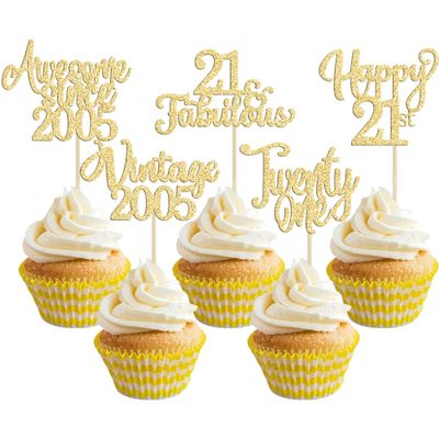 30Pcs Vintage 2005 Cupcake Toppers Glitter Twenty-one Happy 21st Birthday 21 Fabulous Cupcake Picks Awesome Since 2005 Cake Decorations for 21st Birthday Anniversary Retirement Party Supplies Gold