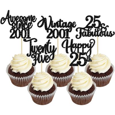 30Pcs Happy 25th Birthday Cupcake Toppers Glitter Awesome Since 2001 Twenty-Five 25 Fabulous Vintage 2001 Cupcake Picks for 25th Birthday Anniversary Retirement Party Cake Decorations Supplies Black