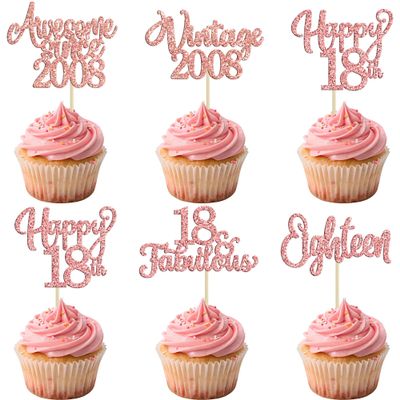 30Pcs Vintage 2008 Cupcake Toppers Glitter Eighteen 18 Fabulous Happy 18th Birthday Cupcake Picks Cheers to 18 Years for 18th Birthday Anniversary Party Cake Decorations Supplies Rose Gold