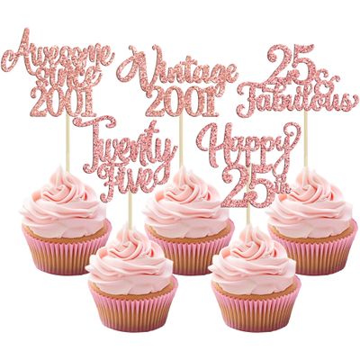 30Pcs Vintage 2001 Cupcake Toppers Glitter Twenty-Five 25 Fabulous Happy 25th Birthday Cupcake Picks Awesome Since 2001 Cake Decorations for 25th Birthday Retirement Party Supplies Rose Gold