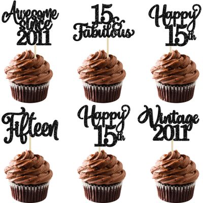 30Pcs Happy 15th Birthday Cupcake Toppers Glitter Fifteen Vintage 2011 Cupcake Picks Cheers to 15 Fabulous Cake Decorations for 15th Birthday Wedding Anniversary Party Supplies Black